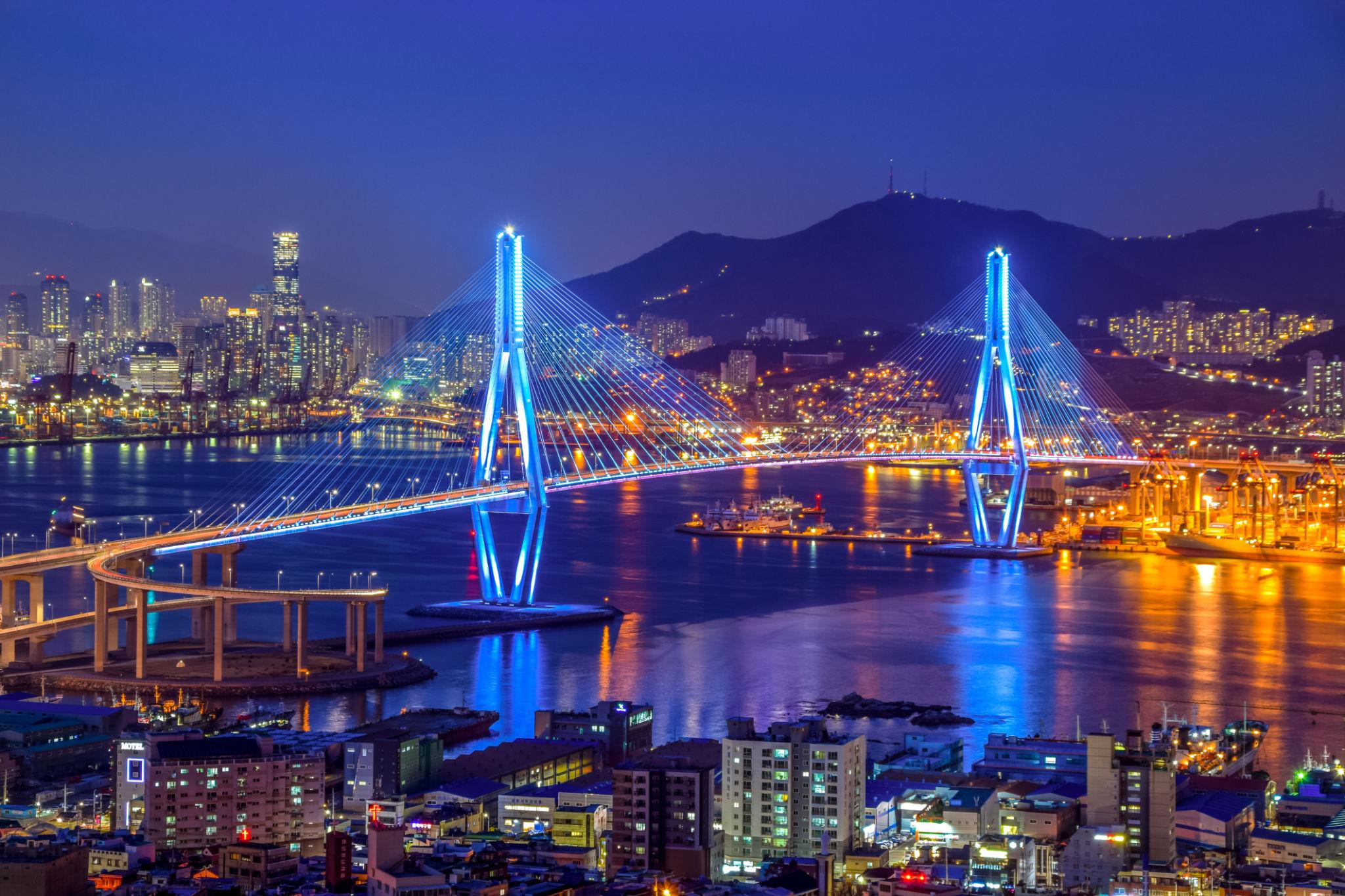 Modern Korean waterfront skyline and bridge at night